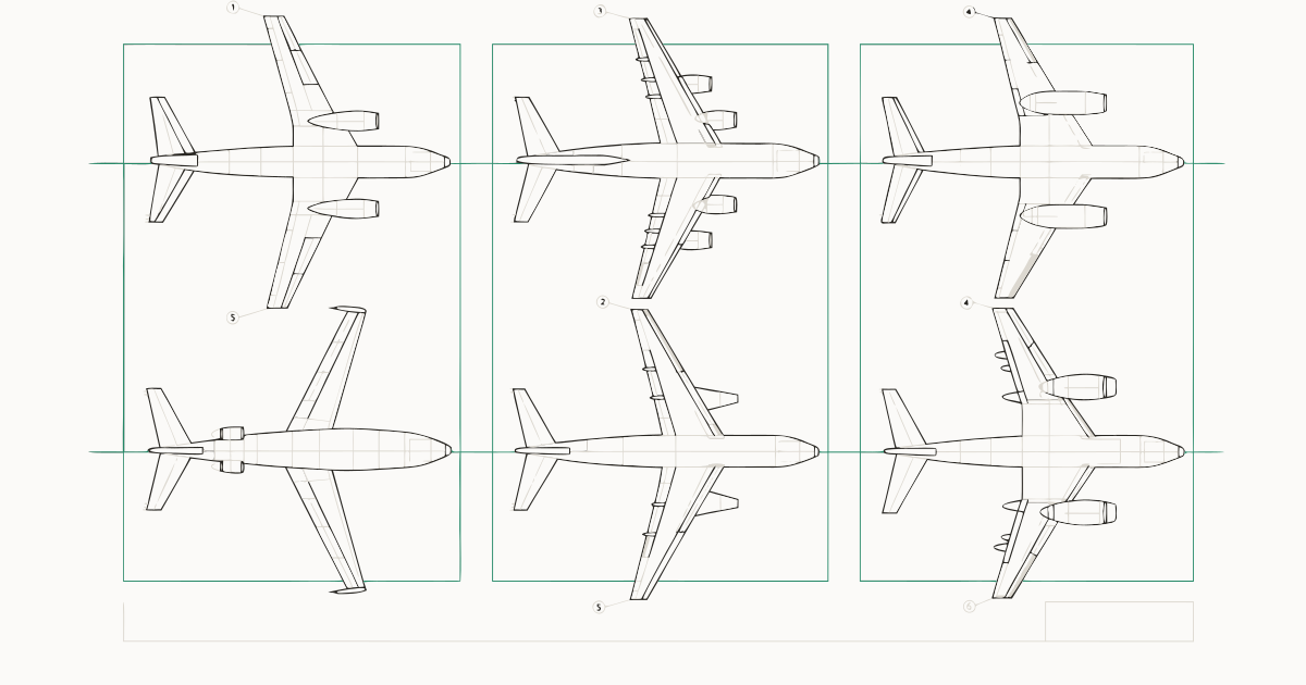 Planche technique : six avions de transport dessinés au trait, chacun dans une baie de hangar identique, sur fond de papier clair.